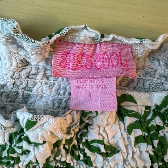 She's Cool Green and White Smocked Short Lined Bubble Mini Skirt size Large - Picture 2 of 15